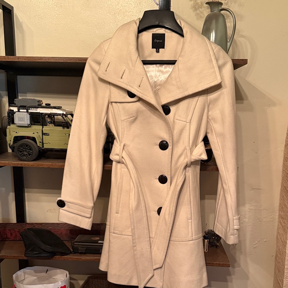 Express Cream Wool Trench Coat with Black Buttons - Picture 4 of 6